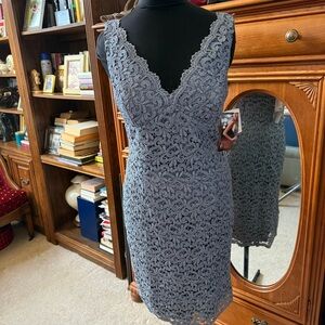 Adrianna Papell (Red Carpet) Sleeveless Lace V-Neck Sheath Dress in Silver…